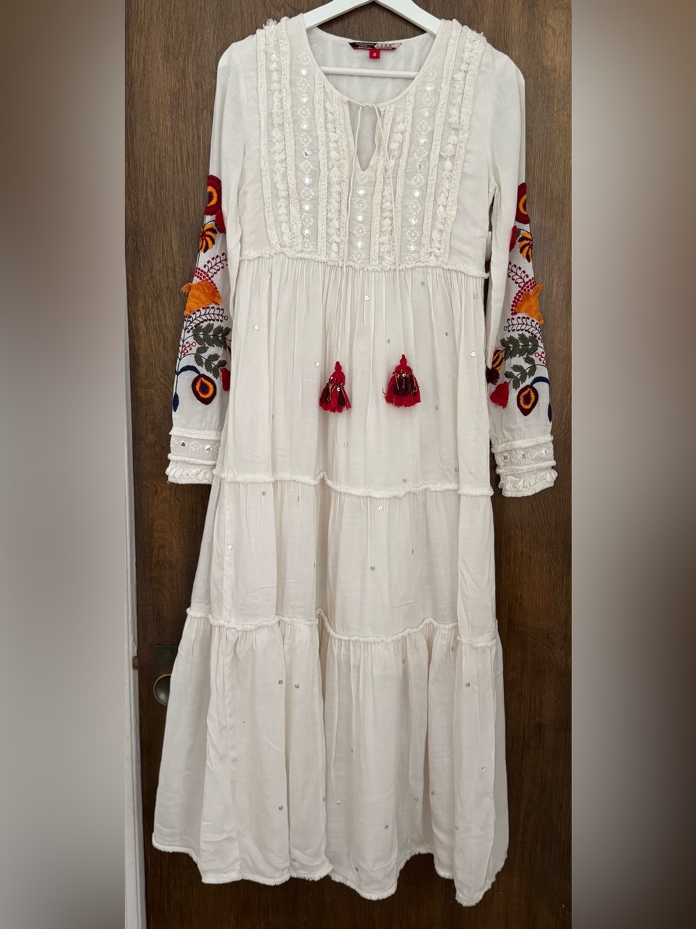 Anthropologie Verb Pallavi Singhee Boho Embroidered sleeves White Maxi Dress, 2